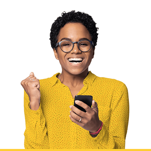 Woman wearing glasses clenches phone with excitement for the GIC featured rates