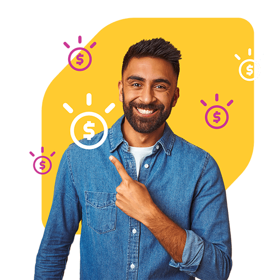 Man smiling and pointing upwards at dollar sign that represents GIC earnings