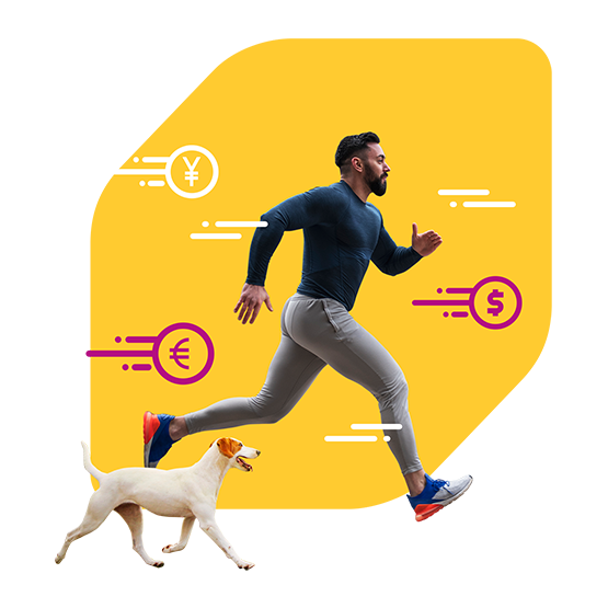 Man and dog running amongst floating currency symbols
