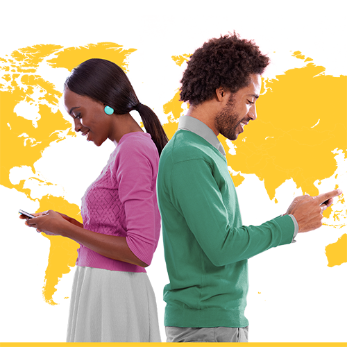 Couple sending money abroad on their phones against backdrop of world map