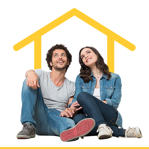 Couple sitting together daydreaming with graphic shape of home above them