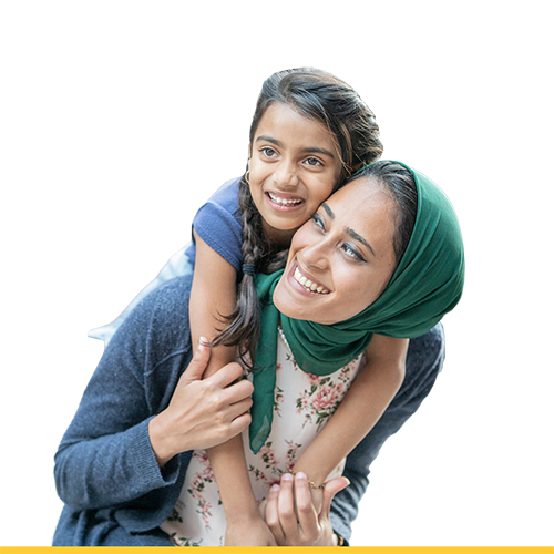 Smiling daughter carried by mother