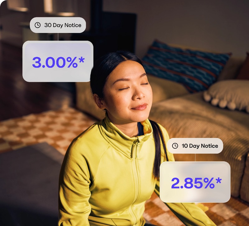 Woman relaxed in her living room with on screen callouts highlighting EQ Bank’s 10 Day Notice Savings Account and 30 Day Notice Savings Account