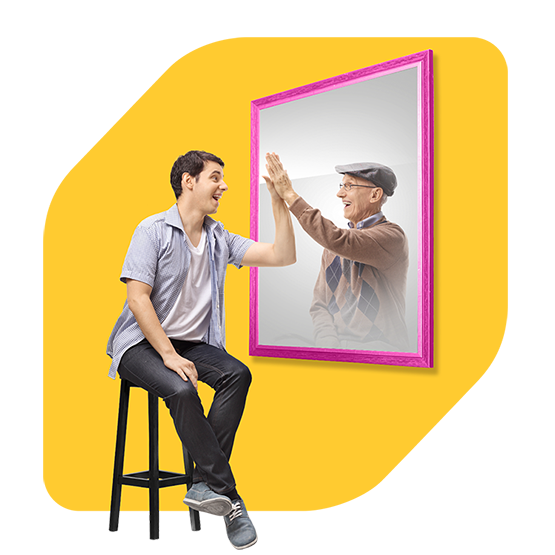 Man high-fives future self through mirror to celebrate RSP savings for retirement