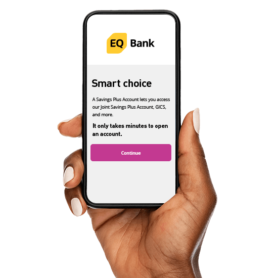 Hand holding phone with screen showing EQ Bank logo and info about how it’s a smart choice to open an account.