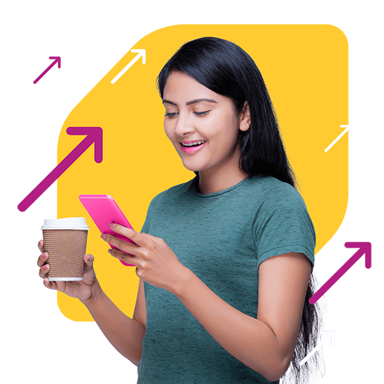 Woman with pink phone and coffee getting high tax-free earnings on the go