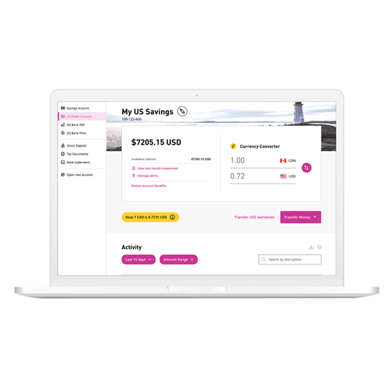 Static laptop image showing US Dollar Account interface
