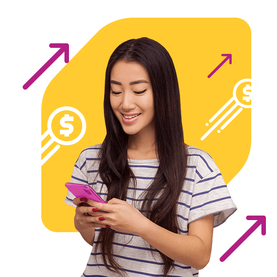 Woman smiles at phone against stars and stripes bar graph representing US earnings