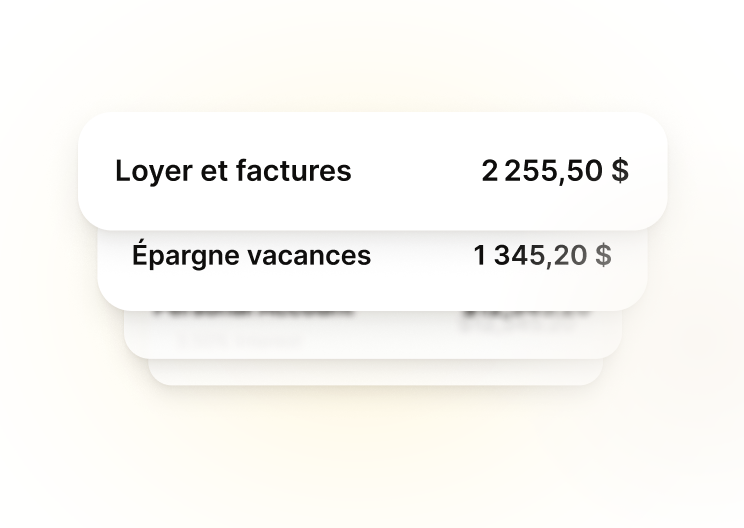 Illustration de plusieurs comptes contenant divers montants d’épargne dans une pile. On peut voir « Loyer et factures » et « Épargne vacances ».