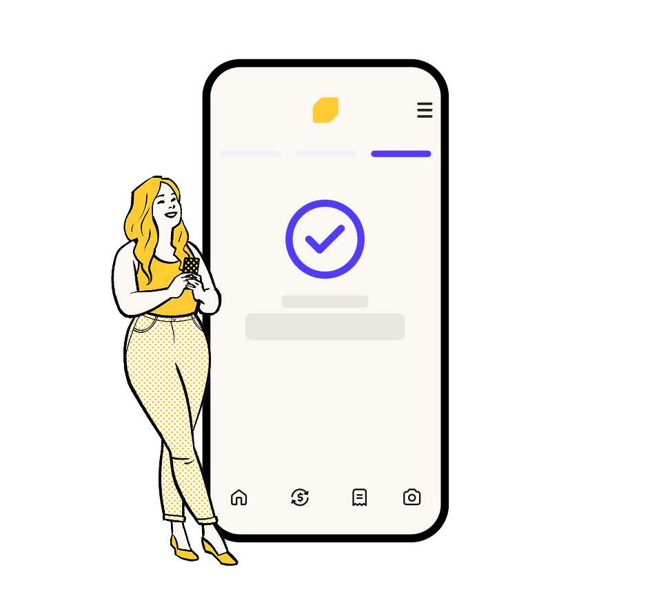 An illustration of a woman smiling and standing next to a giant phone screen showing a simplified display of the EQ Bank app with a large check mark in the centre of the screen. 