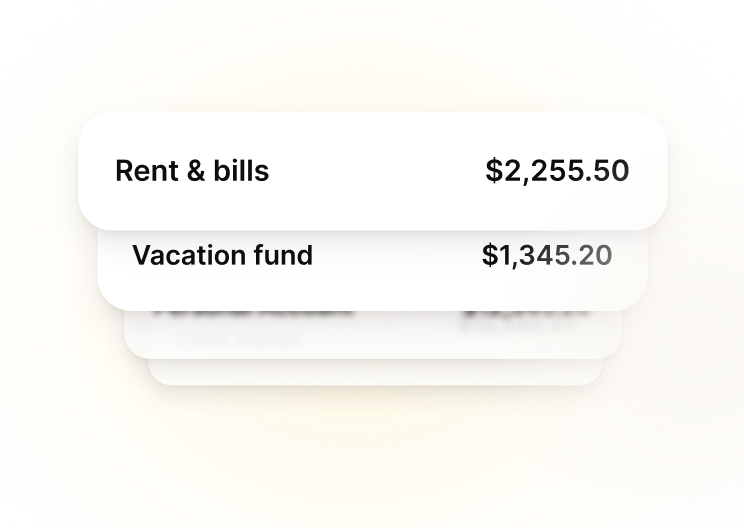 An illustration of multiple accounts with various savings amounts in them in a stack. “Rent & bills” and “Vacation fund” can be seen.