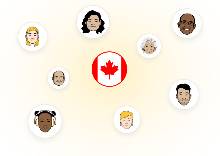 Illustrations of a variety of people’s smiling faces around the Canadian flag.