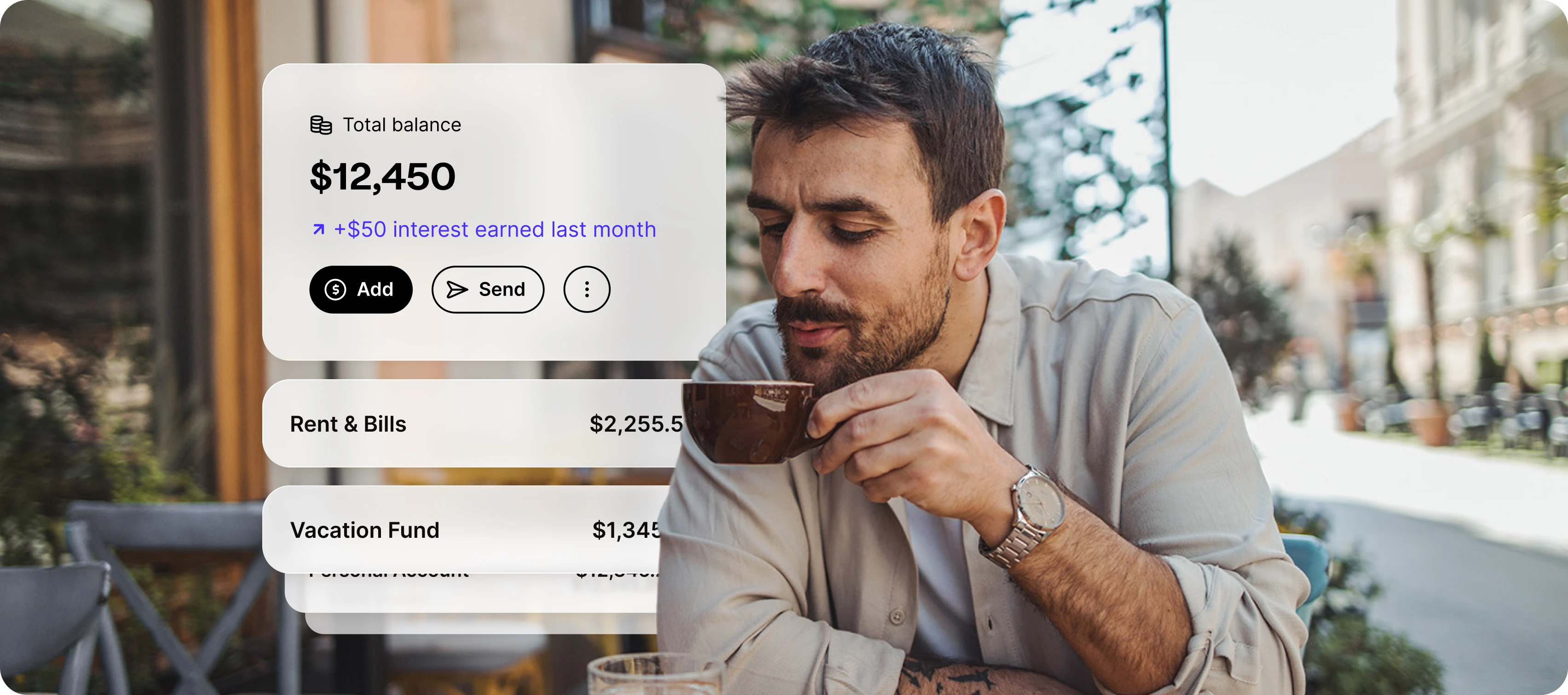 Man enjoying a cup of coffee on a sunny patio, sitting relaxed with a slight smile, surrounded by plants and outdoor furniture.