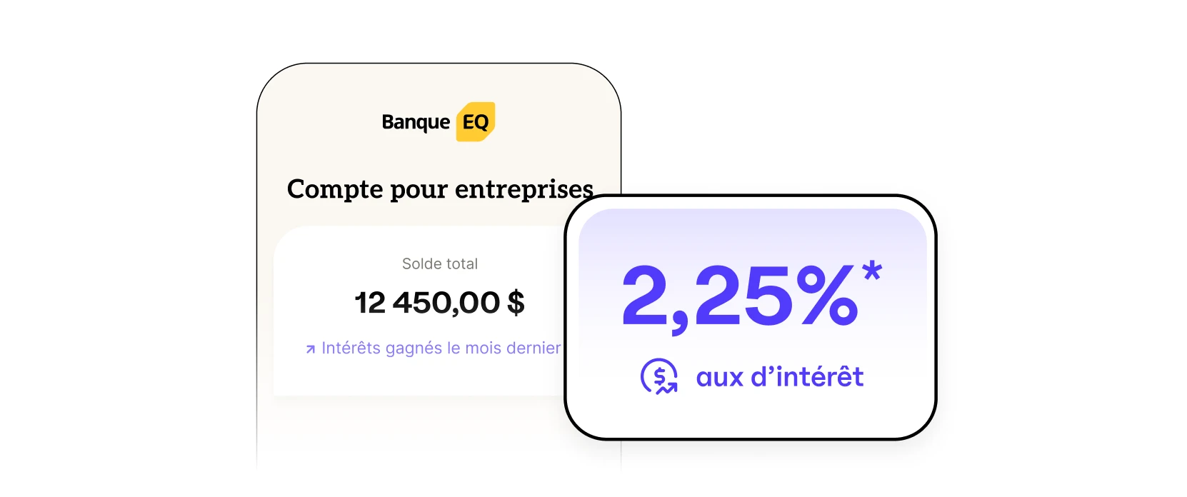 Illustration d’un téléphone avec l’écran d’accueil du Compte pour entreprises indiquant un solde total et des intérêts gagnés. Une fenêtre contextuelle met en évidence le taux d’intérêt de 2,50 %* en gros caractères gras. »