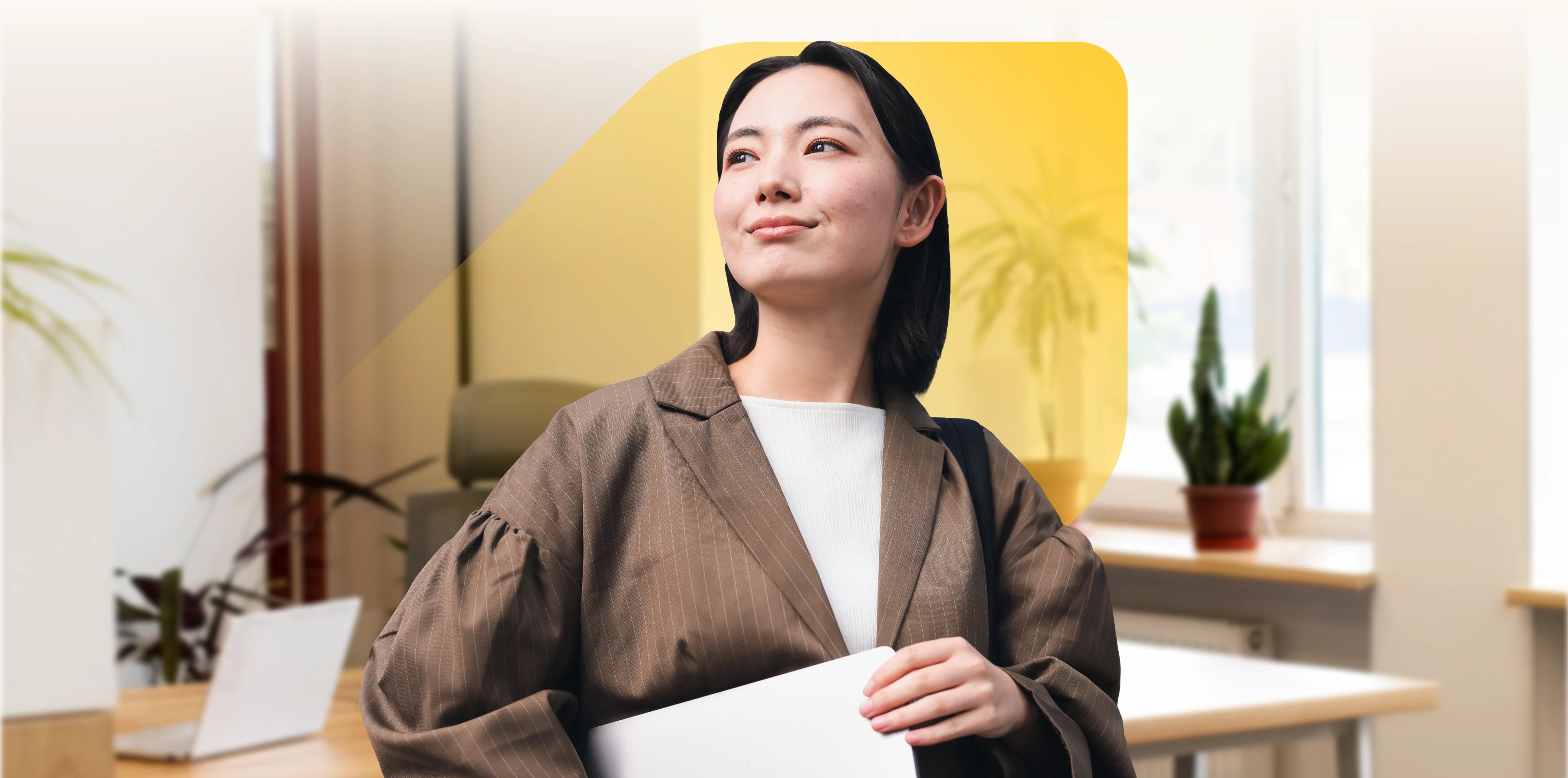 A photo of an Asian woman smiling proudly overlaid on an extended version of the EQ Bank jewel and a bright office space with various spotted plants