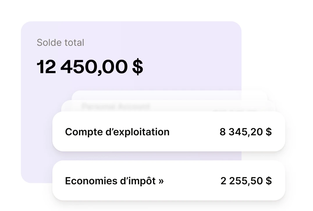 Une illustration de plusieurs sous-comptes indiquant « Solde total », « Compte d’exploitation » et « Économies d’impôt »