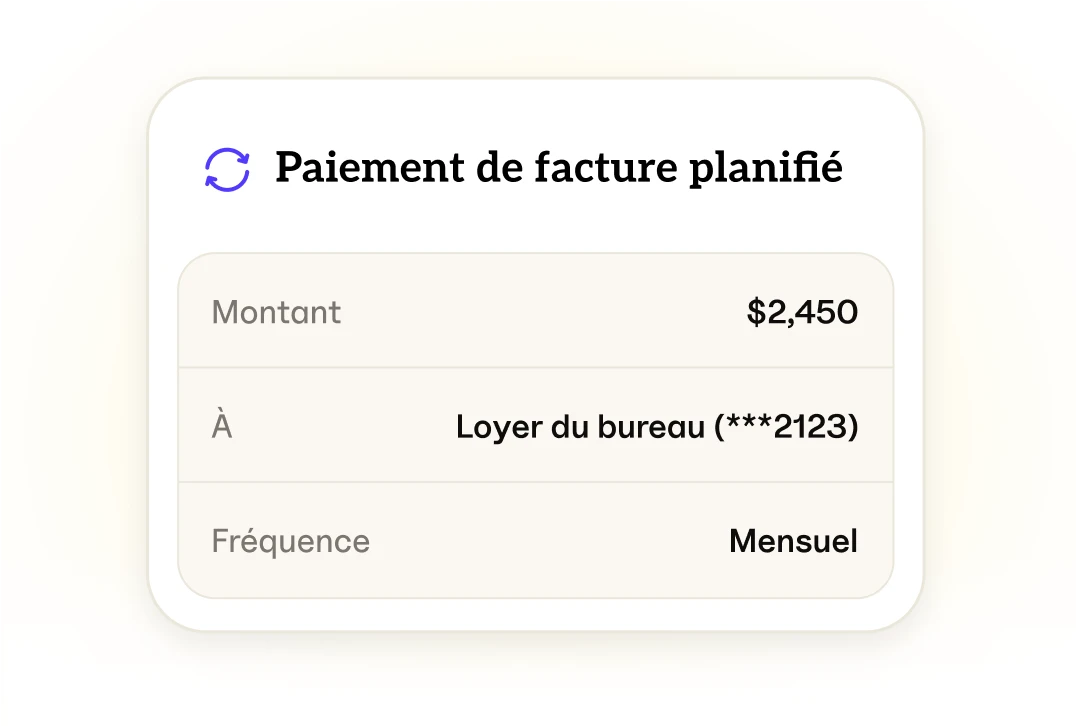 Une illustration d’un paiement de facture planifié indiquant un paiement de facture mensuel planifié pour le paiement du loyer d’un bureau