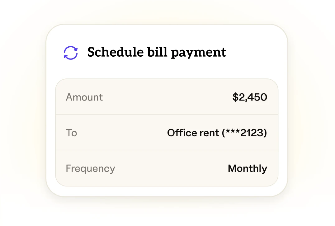 An illustration of a scheduled bill payment showing a scheduled monthly bill payment for office rent