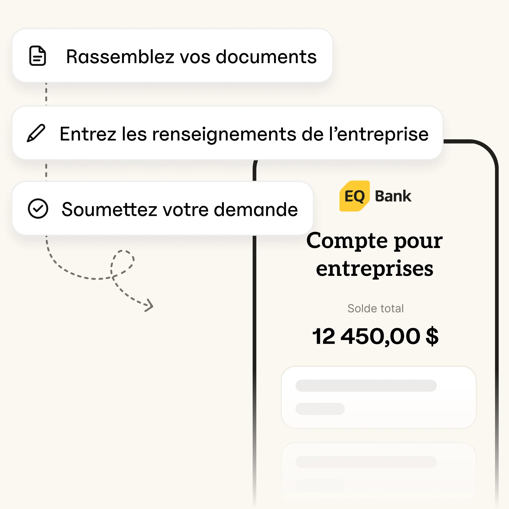 Illustration d’un téléphone mobile. Juste au-dessus se trouvent trois cases intitulées « Rassemblez vos documents », « Entrez les renseignements de l’entreprise » et « Soumettez votre demande »